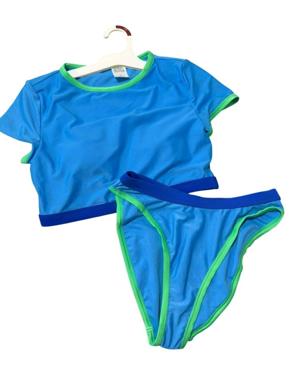 Blue & Green Two-Piece Swim Set Short-Sleeve Top Bikini Bottoms XS New